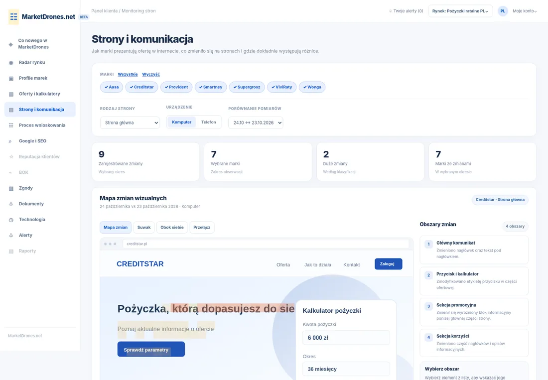 MarketDrones — Strony i komunikacja: Archiwalne wersje i porównania